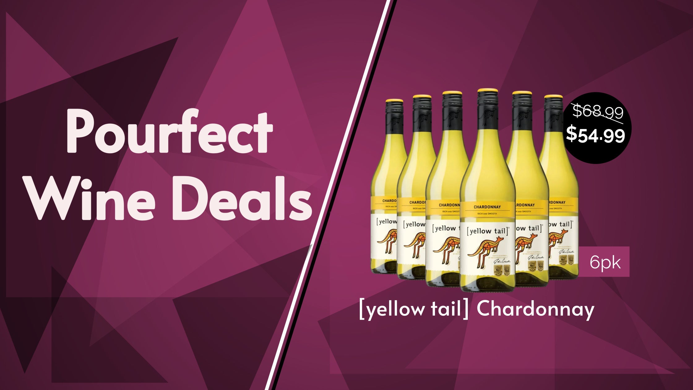 Yellow Tail Chardonnay wine bottles with pricing on a purple geometric background